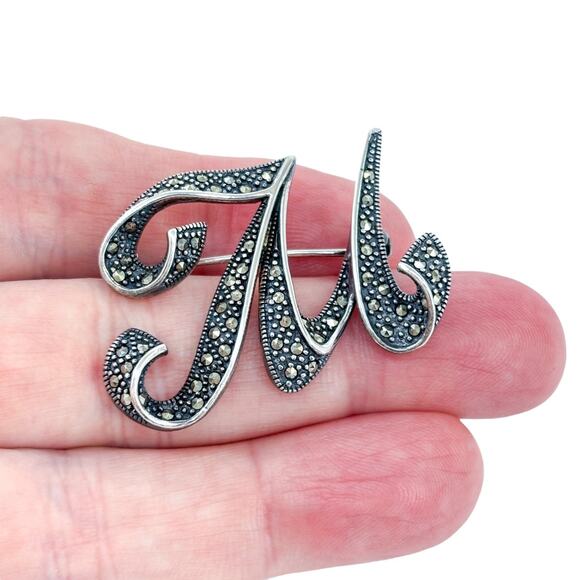 Sterling Silver Marcasite Script Letter M Brooch | Vintage 925 Initial Pin - Picture 1 of 10